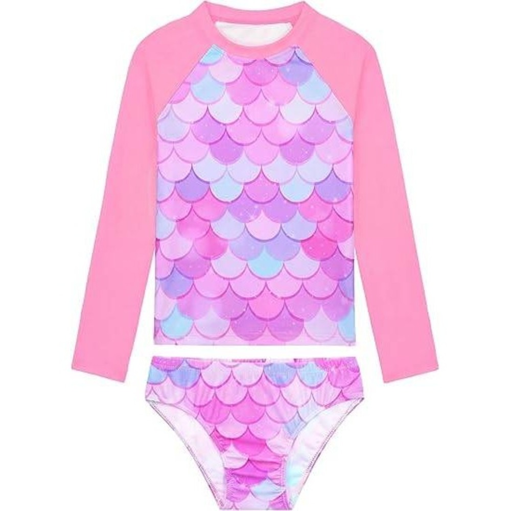 MSRP $25 TENVDA Girls Sz 150‎ Pink Mermaid Scale Two Piece Swimsuit Long Sleev